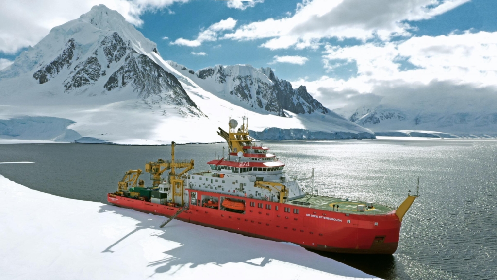 Image of the polar research vessel, Sir David Attenborough, pictured in a snowy landscape.