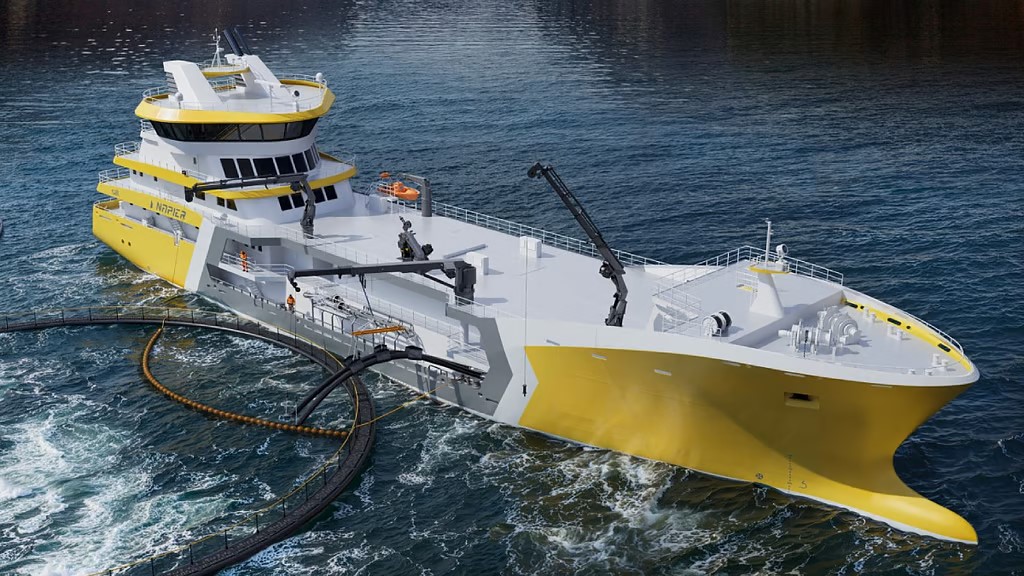 A 3D image of a Napier vessel as it shows harvesting fish into the vessel.